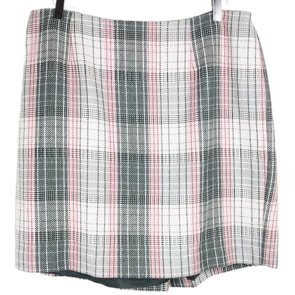 Talbots Tweed Wool Blend Pink & Gray Plaid Pencil Mini Skirt Size 16 WP - Picture 1 of 4